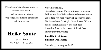 Traueranzeige von Heike Sante von Nordwest-Zeitung