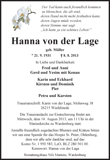 Traueranzeige von Hanna von der Lage von Nordwest-Zeitung