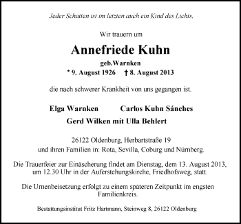 Traueranzeige von Annefriede Kuhn von Nordwest-Zeitung