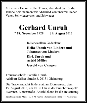 Traueranzeige von Gerhard Unruh von Nordwest-Zeitung