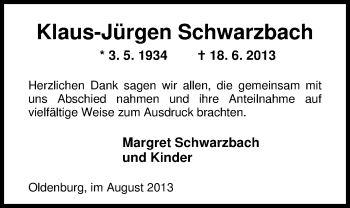 Traueranzeige von Klaus-Jürgen Schwarzbach von Nordwest-Zeitung