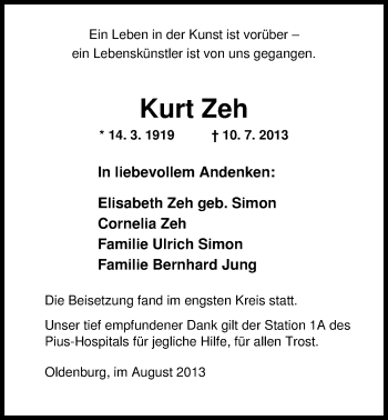 Traueranzeige von Kurt Zeh von Nordwest-Zeitung