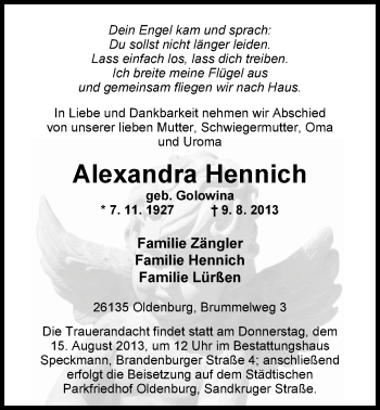 Traueranzeige von Alexandra Hennich von Nordwest-Zeitung