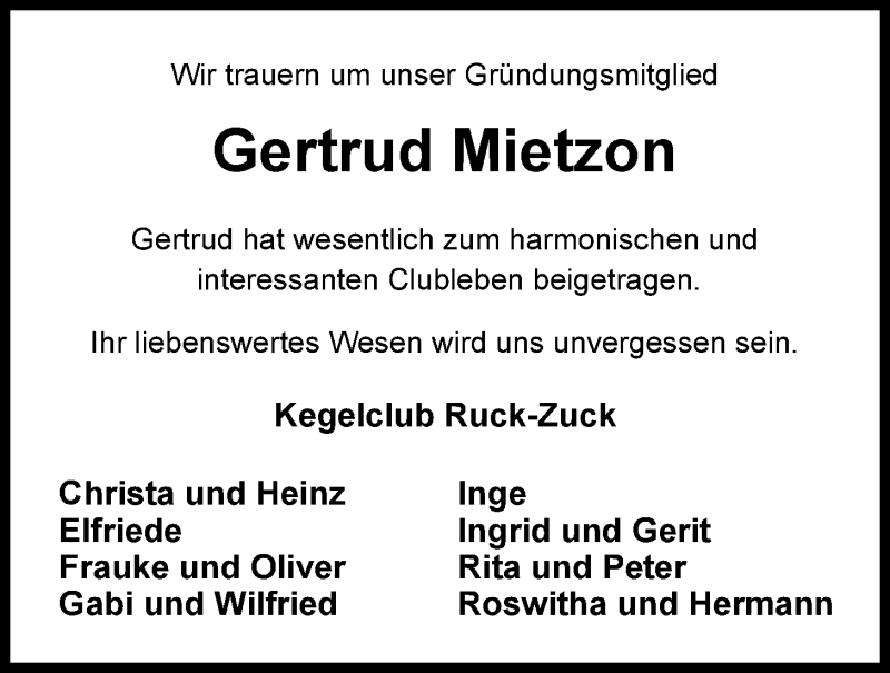  Traueranzeige für Gertrud Mietzon vom 14.08.2013 aus Nordwest-Zeitung