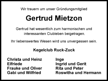 Traueranzeige von Gertrud Mietzon von Nordwest-Zeitung