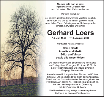 Traueranzeige von Gerhard Loers von Nordwest-Zeitung