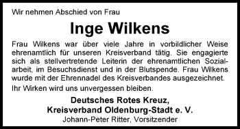 Traueranzeige von Inge Wilkens von Nordwest-Zeitung