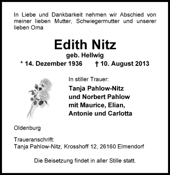 Traueranzeige von Edith Nitz von Nordwest-Zeitung