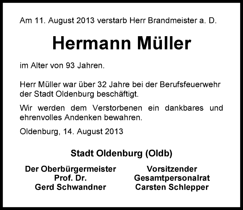  Traueranzeige für Hermann Müller vom 14.08.2013 aus Nordwest-Zeitung