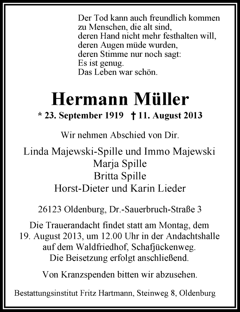  Traueranzeige für Hermann Müller vom 14.08.2013 aus Nordwest-Zeitung