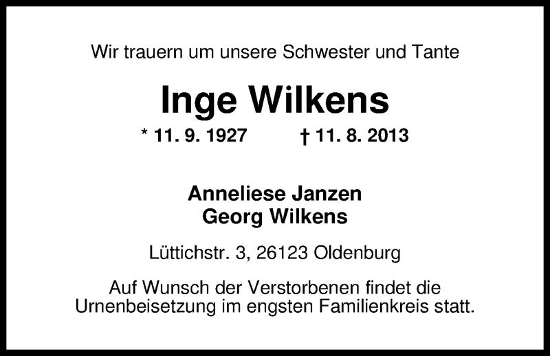  Traueranzeige für Inge Wilkens vom 14.08.2013 aus Nordwest-Zeitung