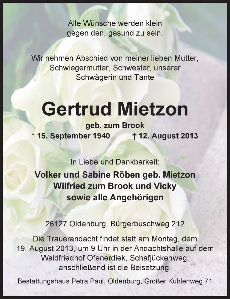  Traueranzeige für Gertrud Mietzon vom 14.08.2013 aus Nordwest-Zeitung