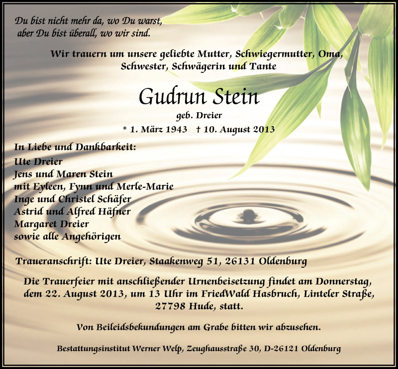  Traueranzeige für Gudrun Stein vom 14.08.2013 aus Nordwest-Zeitung