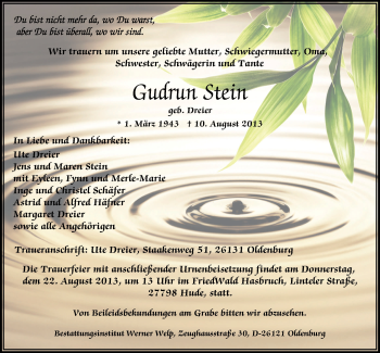 Traueranzeige von Gudrun Stein von Nordwest-Zeitung