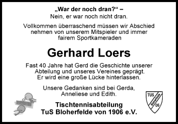 Traueranzeige von Gerhard Loers von Nordwest-Zeitung