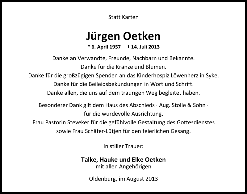  Traueranzeige für Jürgen Oetken vom 16.08.2013 aus Nordwest-Zeitung