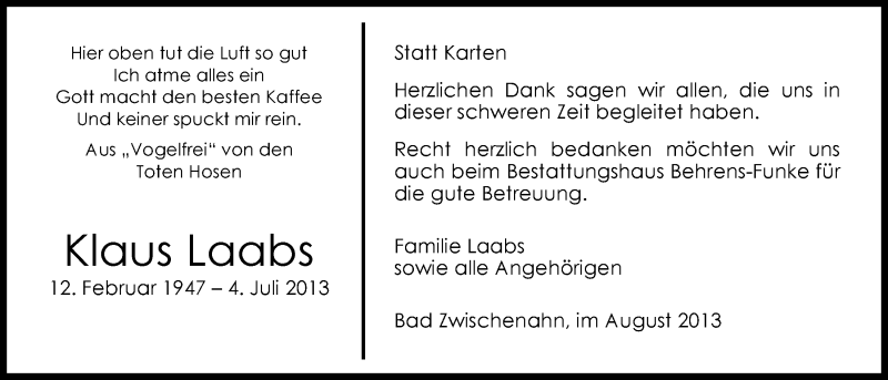  Traueranzeige für Klaus Laabs vom 17.08.2013 aus Nordwest-Zeitung