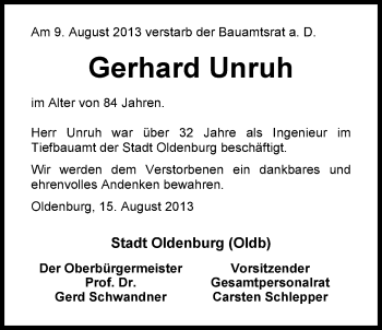 Traueranzeige von Gerhard Unruh von Nordwest-Zeitung
