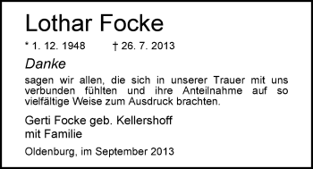 Traueranzeige von Lothar Focke von Nordwest-Zeitung