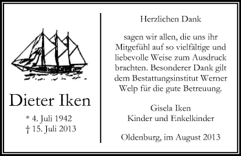Traueranzeige von Dieter Iken von Nordwest-Zeitung