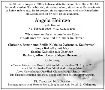 Traueranzeige von Angela Heintze von Nordwest-Zeitung