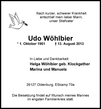Traueranzeige von Udo Wöhlbier von Nordwest-Zeitung