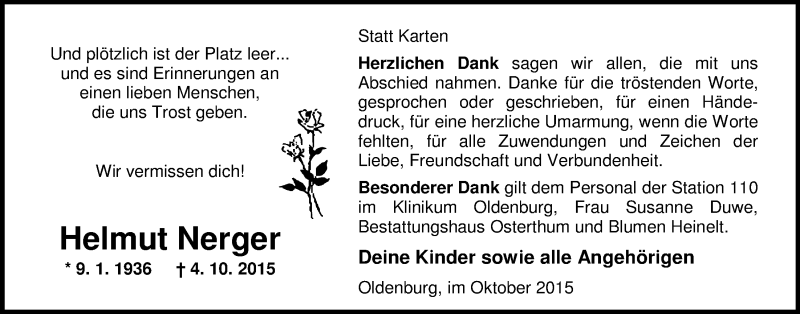  Traueranzeige für Helmut Nerger vom 31.10.2015 aus Nordwest-Zeitung