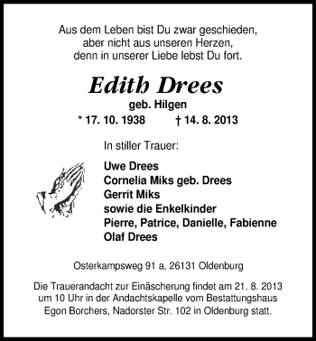 Traueranzeige von Edith Drees von Nordwest-Zeitung