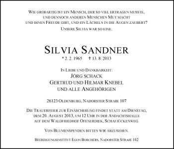 Traueranzeige von Silvia Sandner von Nordwest-Zeitung
