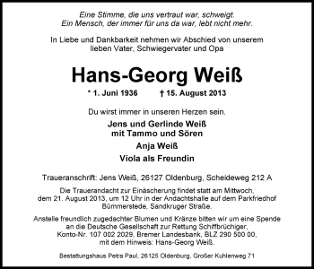 Traueranzeige von Hans-Georg Weiß von Nordwest-Zeitung
