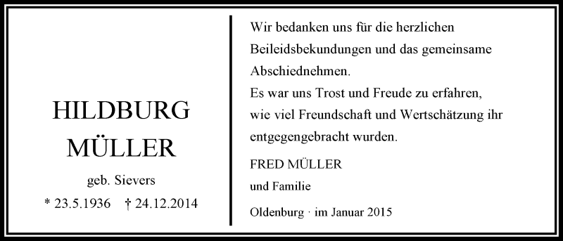  Traueranzeige für Hildburg Müller vom 24.01.2015 aus Nordwest-Zeitung