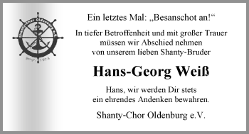 Traueranzeige von Hans-Georg Weiß von Nordwest-Zeitung