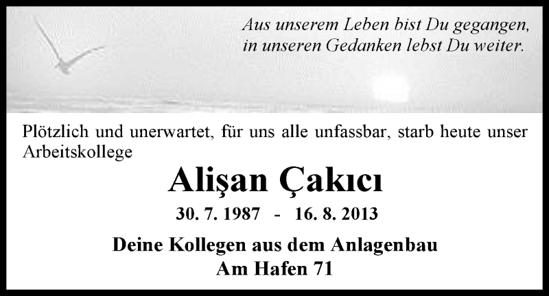  Traueranzeige für Alisan Cakici vom 20.08.2013 aus Nordwest-Zeitung