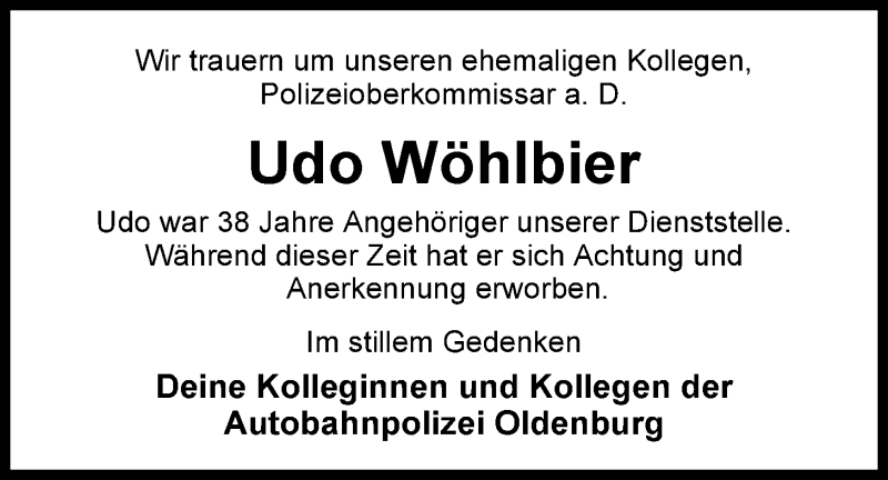  Traueranzeige für Udo Wöhlbier vom 20.08.2013 aus Nordwest-Zeitung