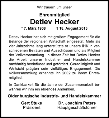 Traueranzeige von Detlev Hecker von Nordwest-Zeitung