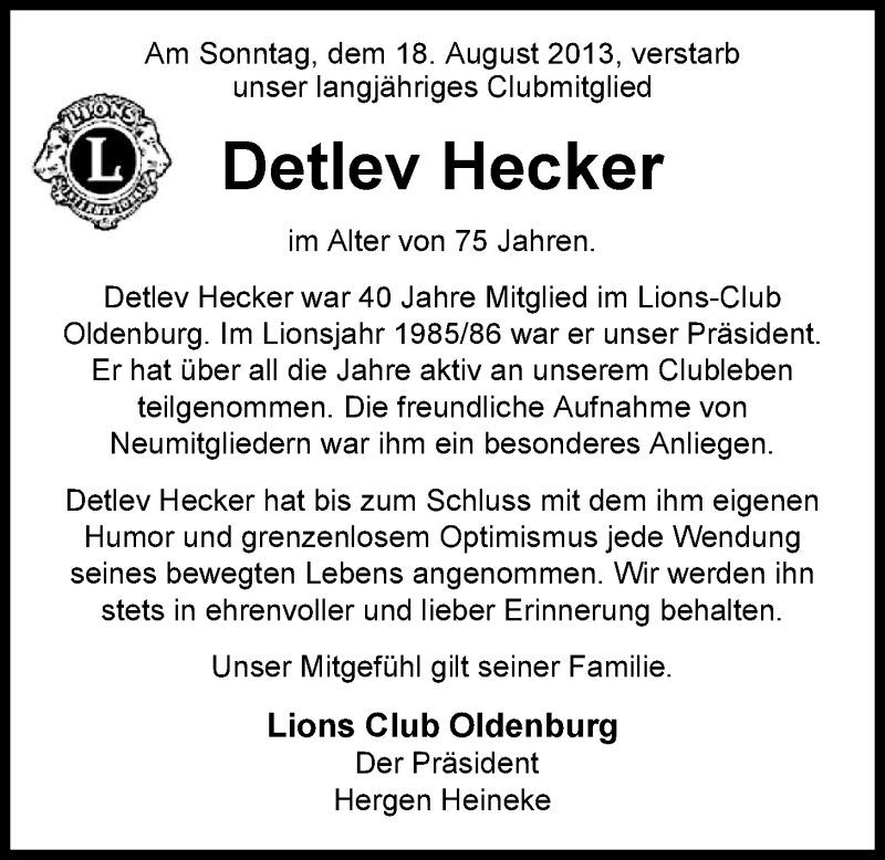  Traueranzeige für Detlev Hecker vom 21.08.2013 aus Nordwest-Zeitung