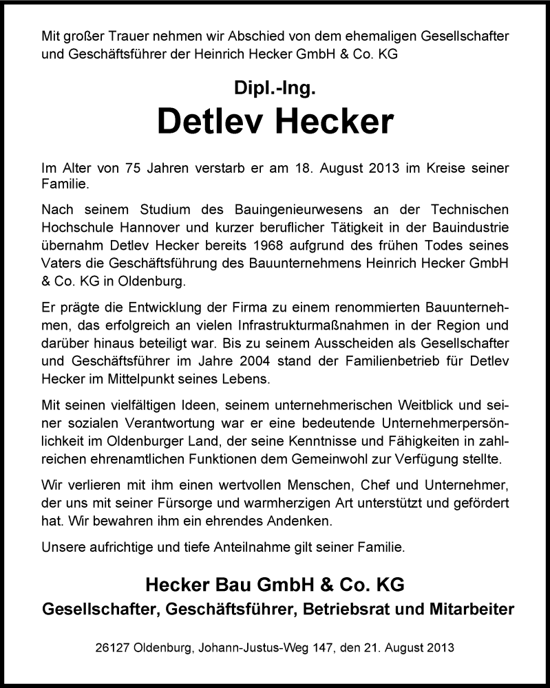  Traueranzeige für Detlev Hecker vom 21.08.2013 aus Nordwest-Zeitung