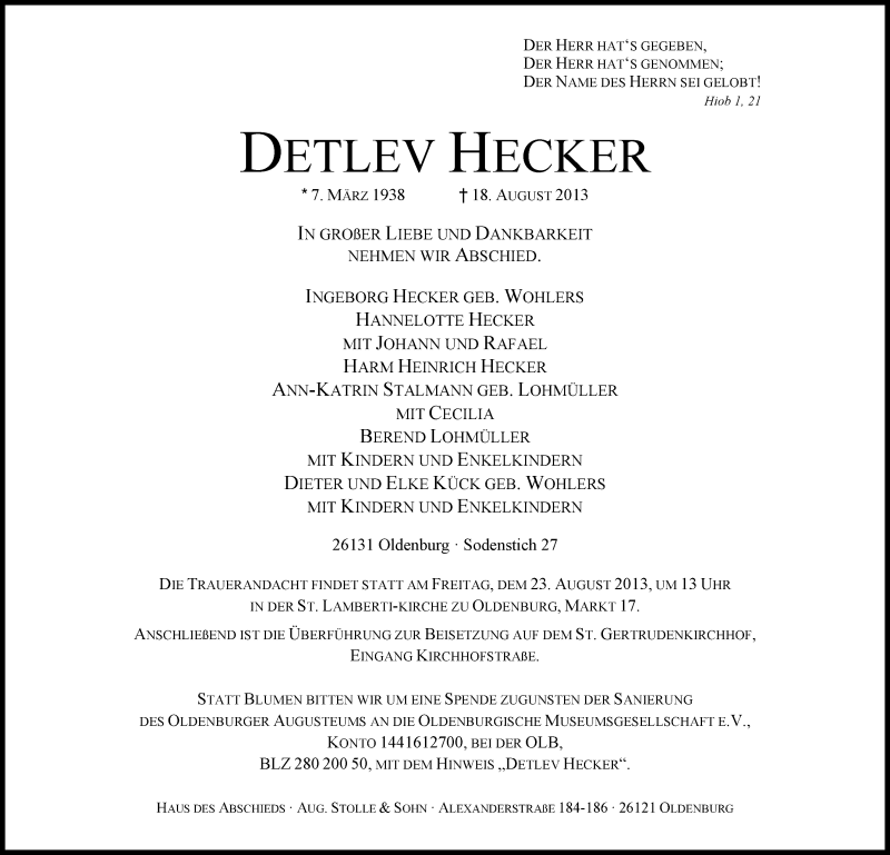  Traueranzeige für Detlev Hecker vom 21.08.2013 aus Nordwest-Zeitung