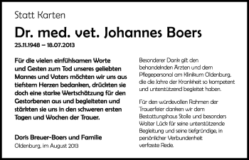 Traueranzeige von Johannes Boers von Nordwest-Zeitung