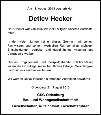 Traueranzeige von Detlev Hecker von Nordwest-Zeitung
