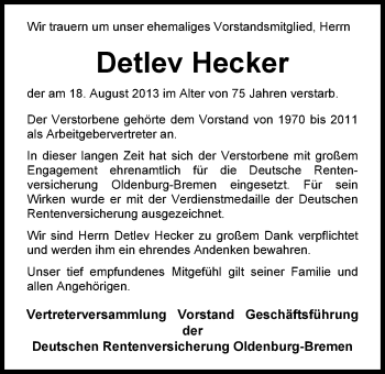 Traueranzeige von Detlev Hecker von Nordwest-Zeitung
