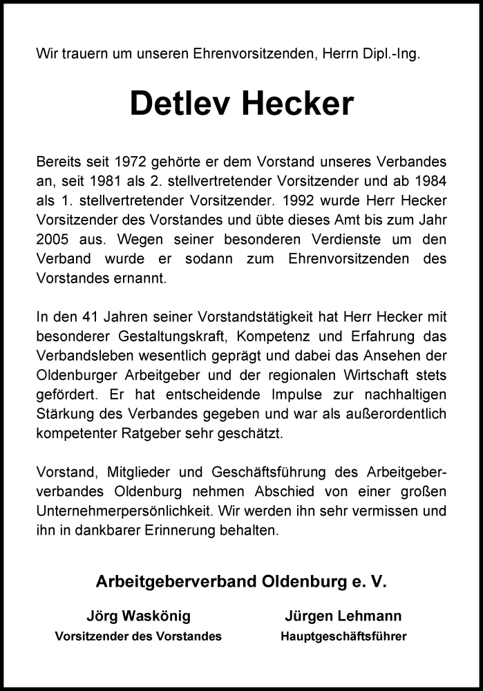  Traueranzeige für Detlev Hecker vom 21.08.2013 aus Nordwest-Zeitung