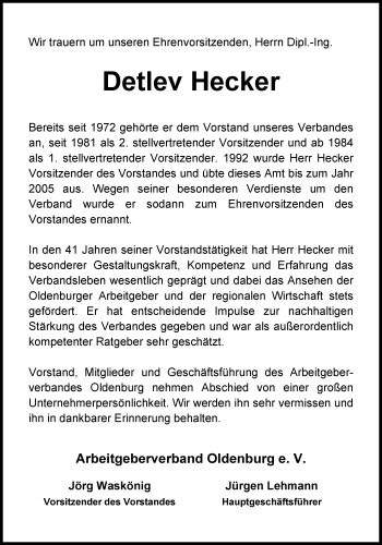 Traueranzeige von Detlev Hecker von Nordwest-Zeitung