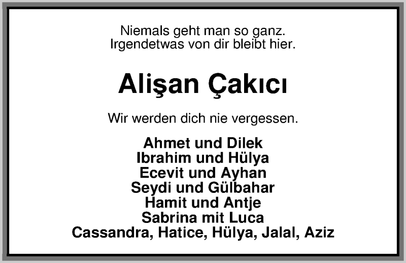  Traueranzeige für Alisan Cakici vom 21.08.2013 aus Nordwest-Zeitung