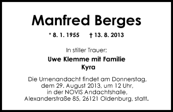 Traueranzeige von Manfred Berges von Nordwest-Zeitung