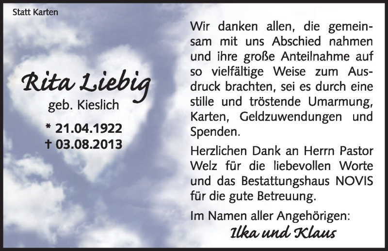  Traueranzeige für Rita Liebig vom 24.08.2013 aus Nordwest-Zeitung
