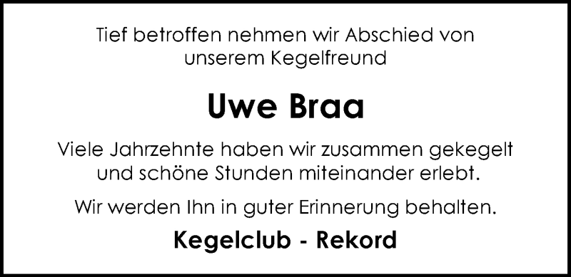  Traueranzeige für Uwe Braa vom 24.08.2013 aus Nordwest-Zeitung