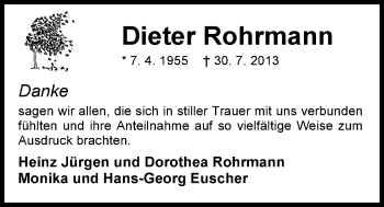 Traueranzeige von Dieter Rohrmann von Nordwest-Zeitung