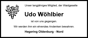 Traueranzeige von Udo Wöhlbier von Nordwest-Zeitung