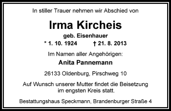 Traueranzeige von Irma Kircheis von Nordwest-Zeitung